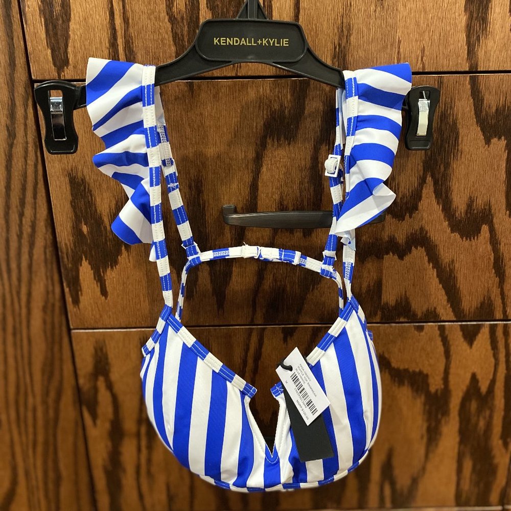 Kendall + Kylie - Bikini Ruffle Top Swimwear - Blue / White - Size M